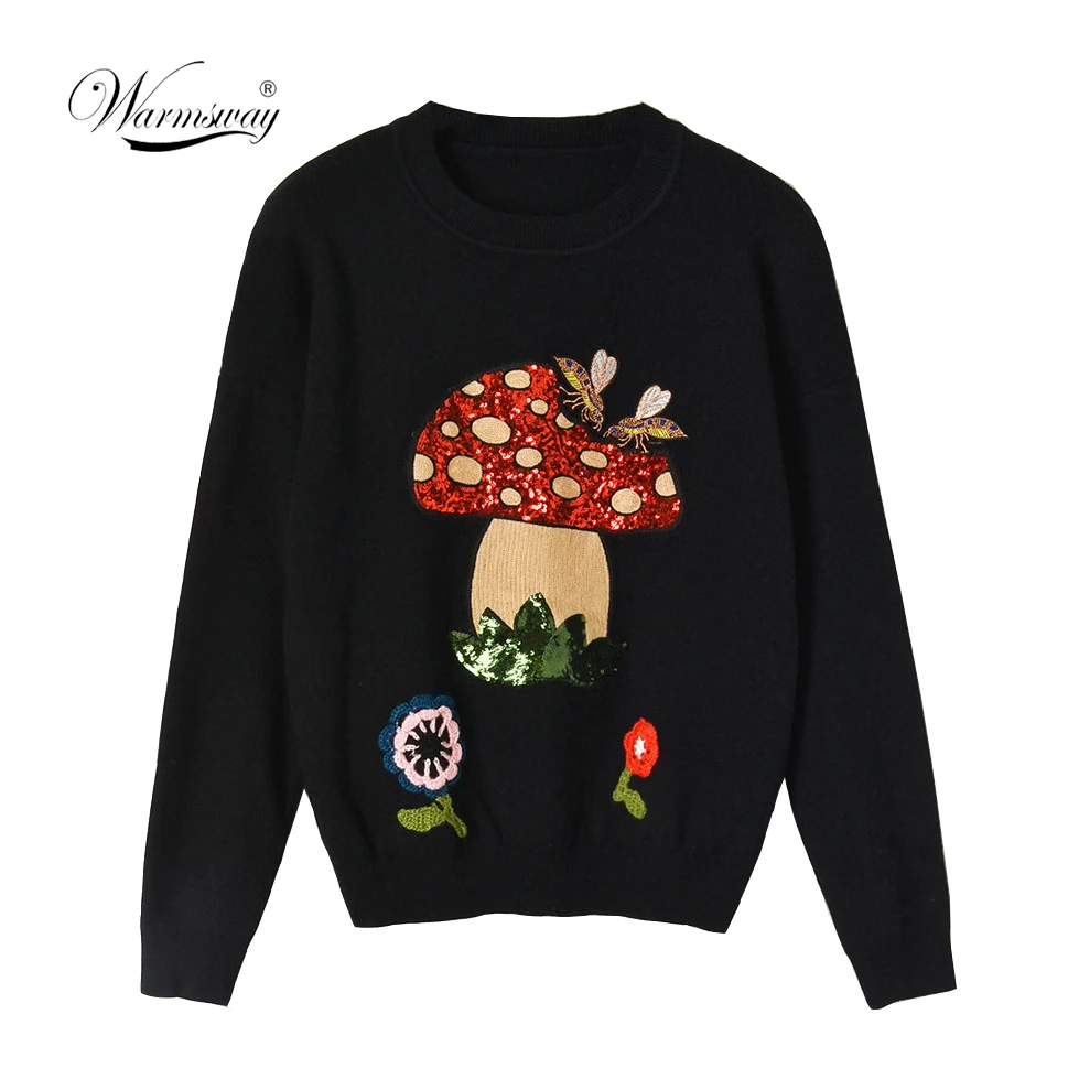 Viscose blend O neck Sweaters Mushroom Appliques Coats Korean Style Pullover 2020 Spring  Sequined Women