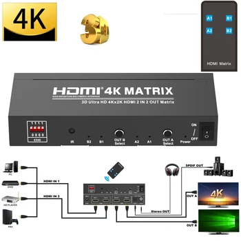 

4Kx2k 2x2 HDMI Matrix Switch 2 In 2 Out Security Monitors Splitter 4K Video Converter 3D EDID SPDIF Audio Extractor DVD PC To TV