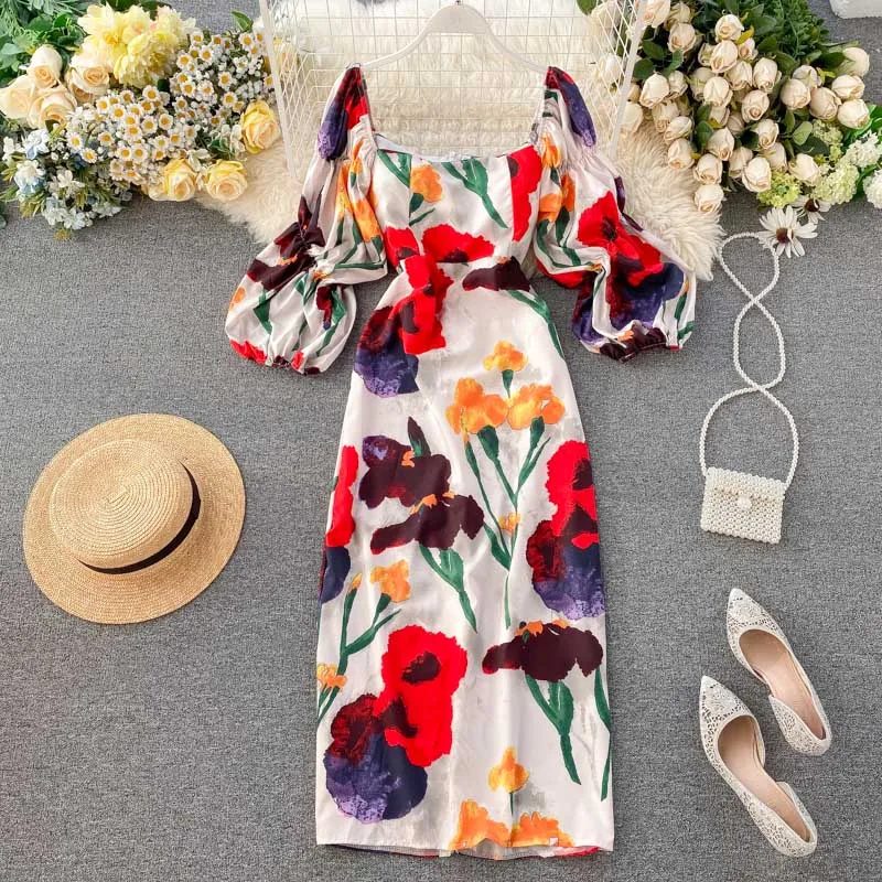 

Vintage France Chic Floral Print Boho Dress Women Elegant Side Split Midi Bohemian Dress Casual Streetwear Vestidos