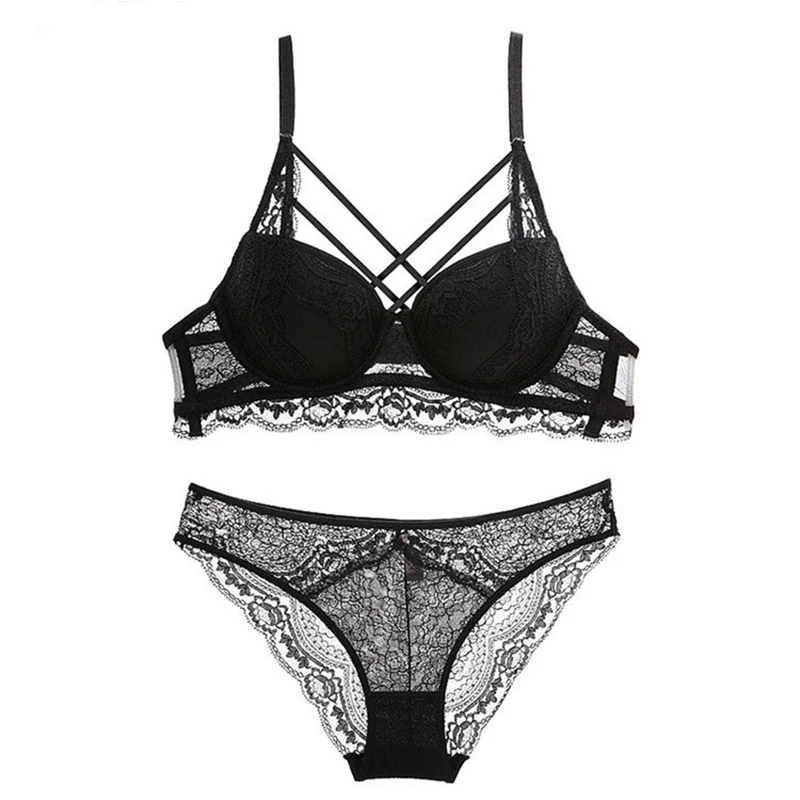 

2020 European and American Solid Color Sexy Lace Tie Cross Underwear Split Ladies Ultra-Thin Plus Size Black Purple Bra Set