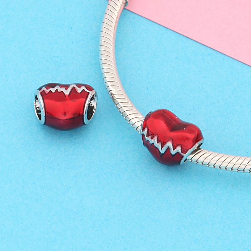Leabyl Romantic Red Enamel ECG Heart Charms fit Bracelets Bangles Fashion Love Beads for Women Girl DIY Jewelry 2 Pcs/Lot | Украшения и