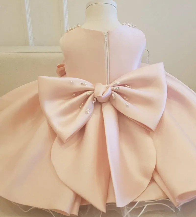 Satin Bead Bow Princess Dress White Wedding Tutu Dress Birthday Evening Party Dress Baby Dress for Girl Clothes 1 Year WG-003