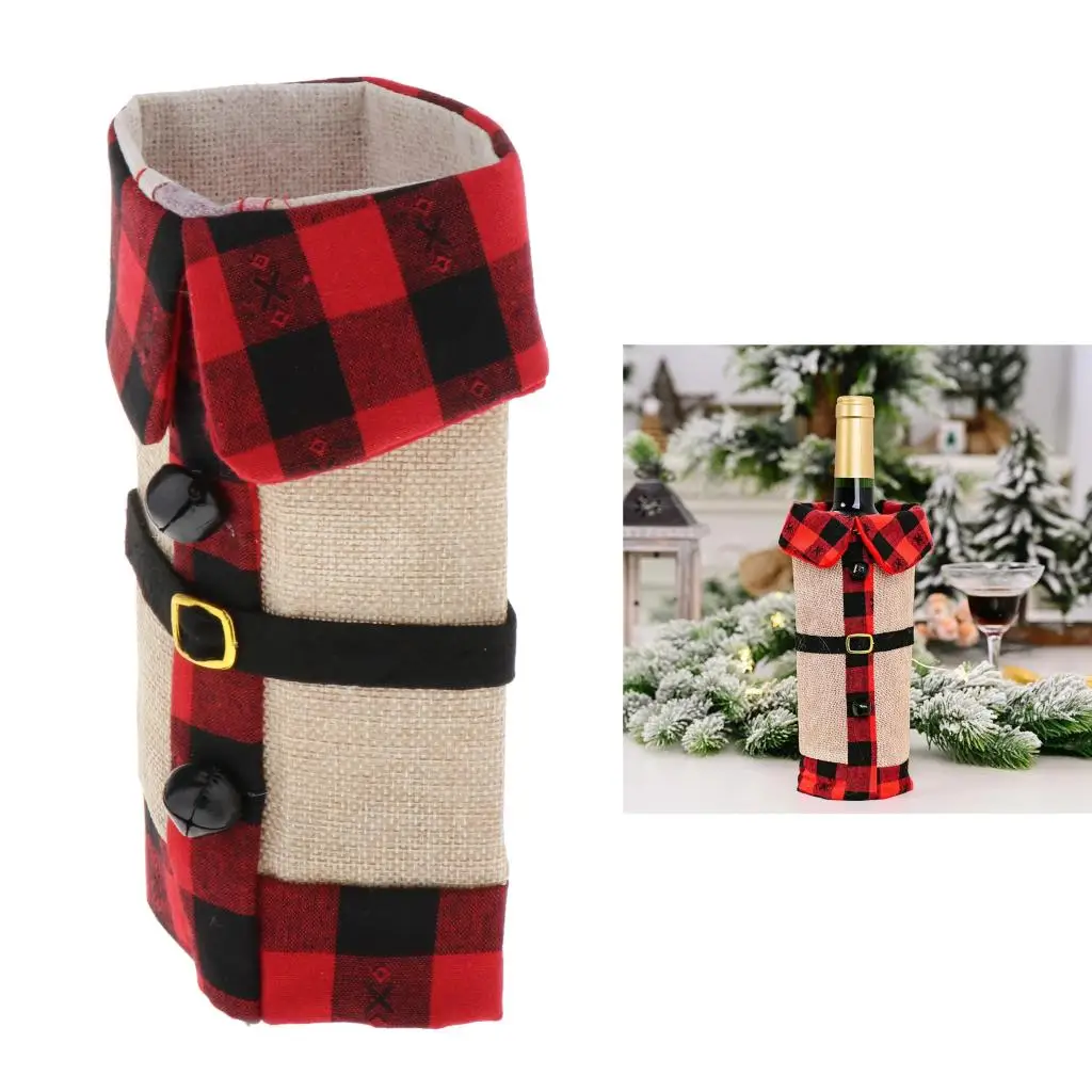 Christmas Red Grid Wine Bottle Cover, can Replace Hanging Wine Labels and Wine Licenses, Xmas Festival Party Gift Table Decor