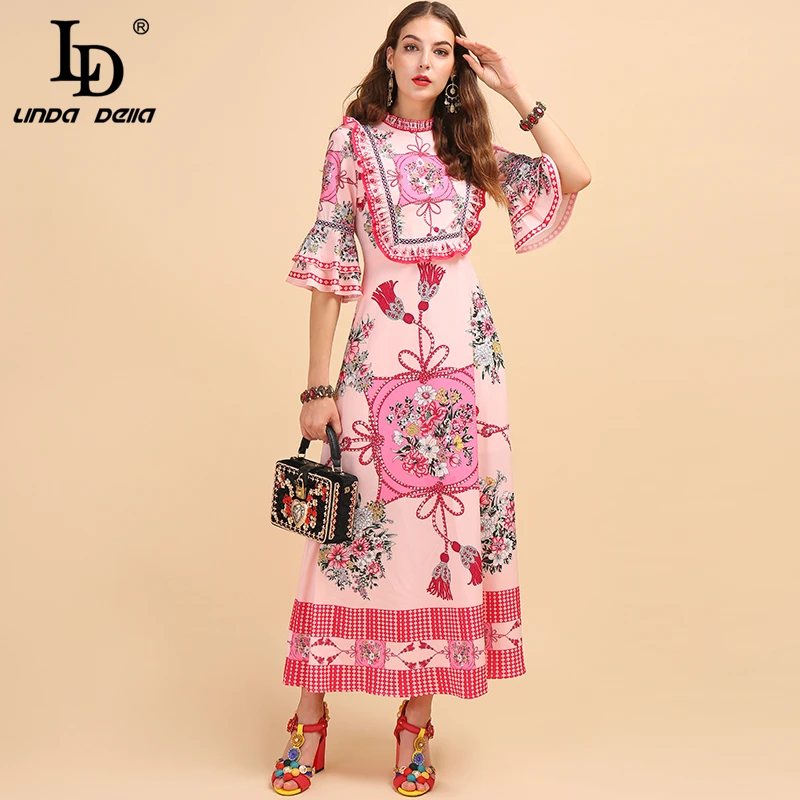 LD LINDA DELLA Fashion Runway Autumn Elegant Vintage Dress Women's Flare Sleeve Floral Printed Ruffles Ladies Party Long Dresses