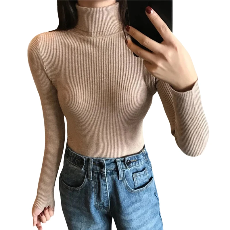 

Women Knitted Sweater Turtleneck Slim Long Sleeve Ribbed Shirt Female New Fashion Solid Thicken Warm Soft Pullovers Femme
