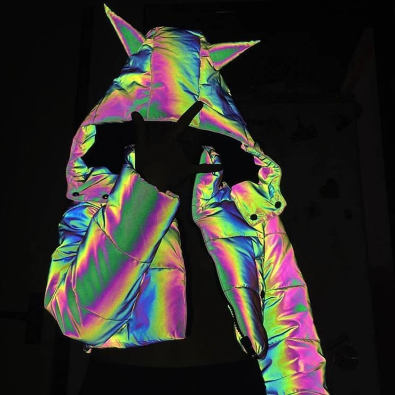 New 2021 Winter Womens Sportwear Coats Rainbow Reflective Jackets Women