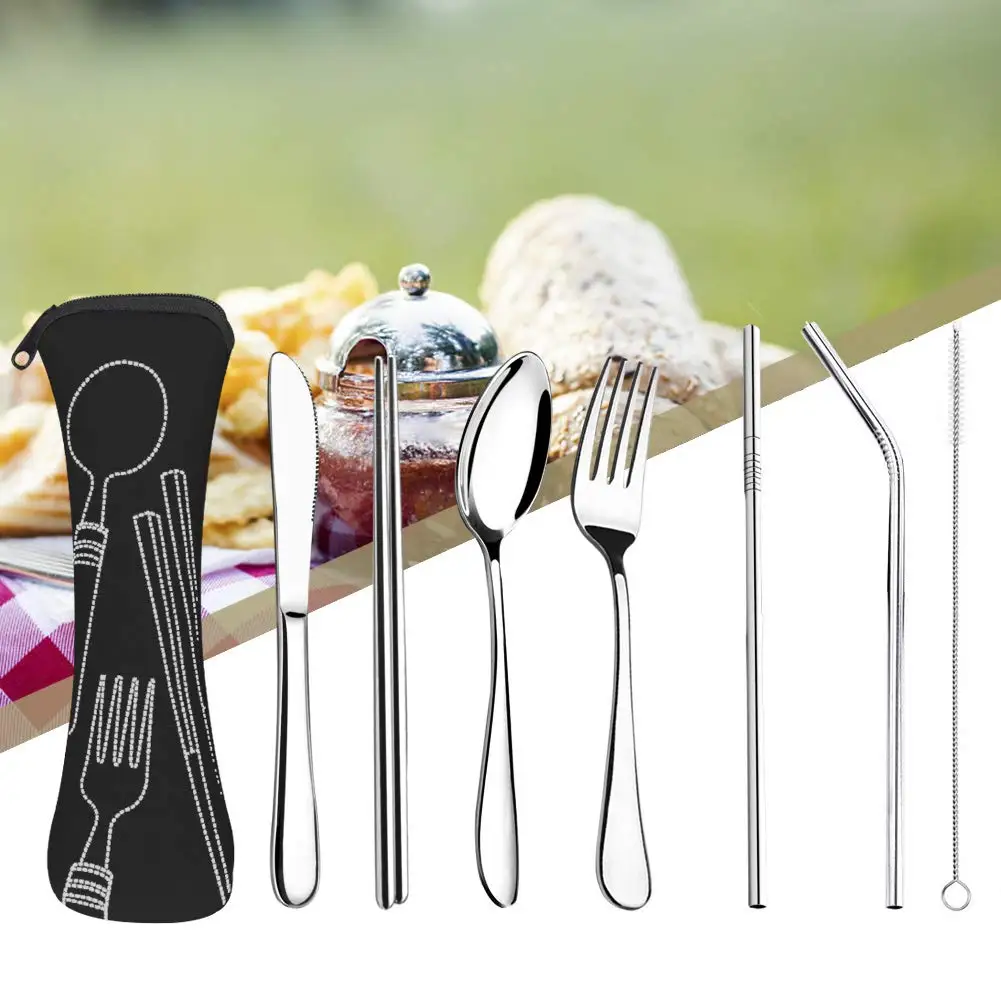 

7 PCS Luxury Stainless Steel Portable For Travel Camping Cutlery Set Fork Spoon Knife Tableware Dining Canteen New