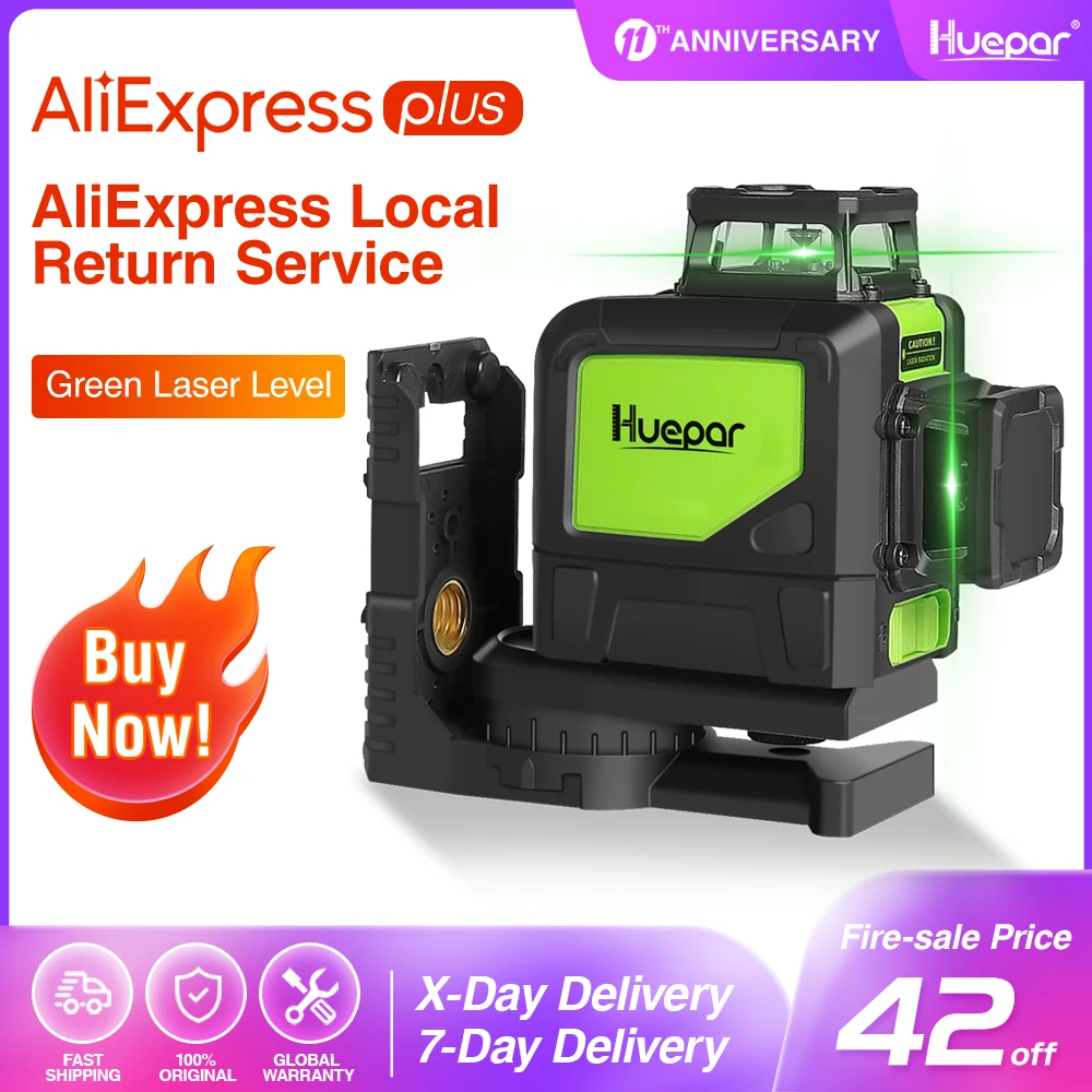 Huepar Self-leveling Professional Green Beam Cross Line Laser 360-Degree Coverage Horizontal and Vertical Line with Pulse Modes