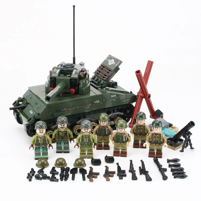 WW2 Military US Sherman M4 Tank Model Building Blocks US Army Soldiers Figures Weapons Accessories