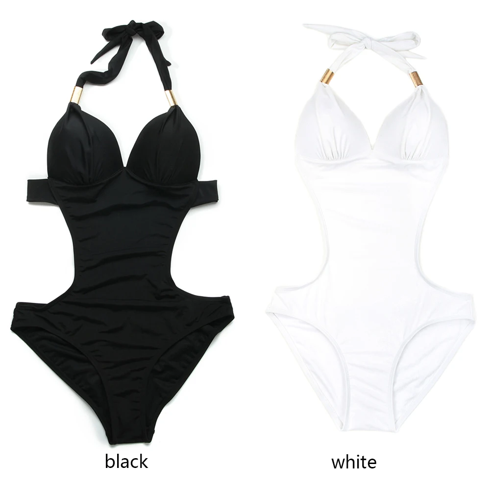 

2019 Brazilian Swimwear One Piece Bikini Set Deep V Mono Swimwear Black and White Backless Quilted Push Up Swimsuits