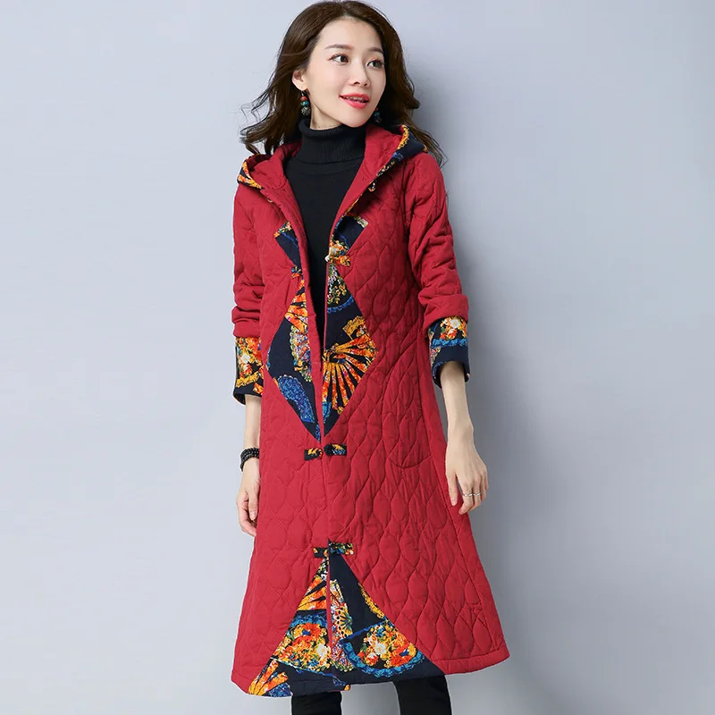 

2017 Autumn And Winter Ethnic-Style Frog Hooded X-long Cotton-padded Coat Cotton Linen Cotton Overcoat Dj9550