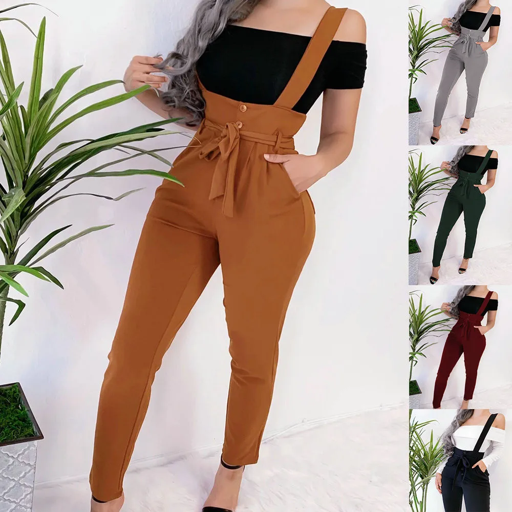 

Women Streetwear Long Pants Bandage Design Button Pockets Decor High Waist Pencil Pants Lady Slim Hips Shoulder Straps Trousers