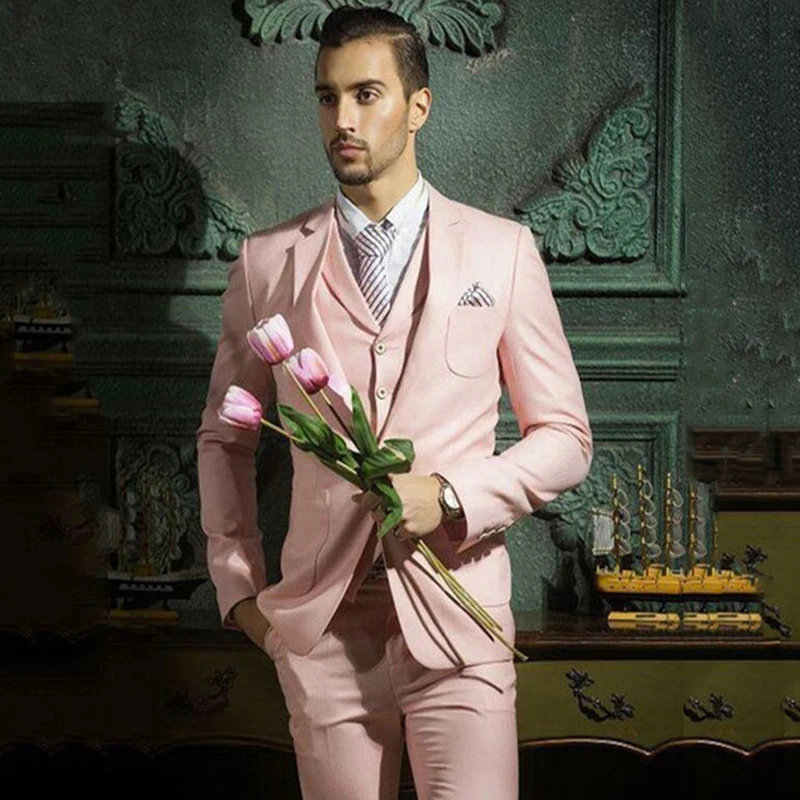 Pink Slim Fit Мужские свадебные костюмы Жених костюм жениха вечерний для выпускного официальный смокинг лучший мужской блейзер Traje Hombre 3 шт - Цвет: Pink