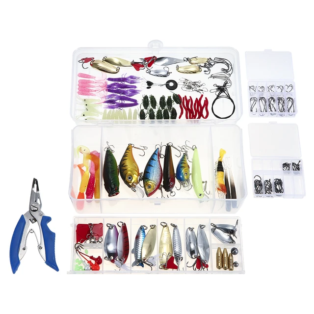 101 Pcs Fishing Lures Kit Full Fishing Tackle Box Including Spinners VIB Treble  Hooks Single Hooks Swivels Pliers 