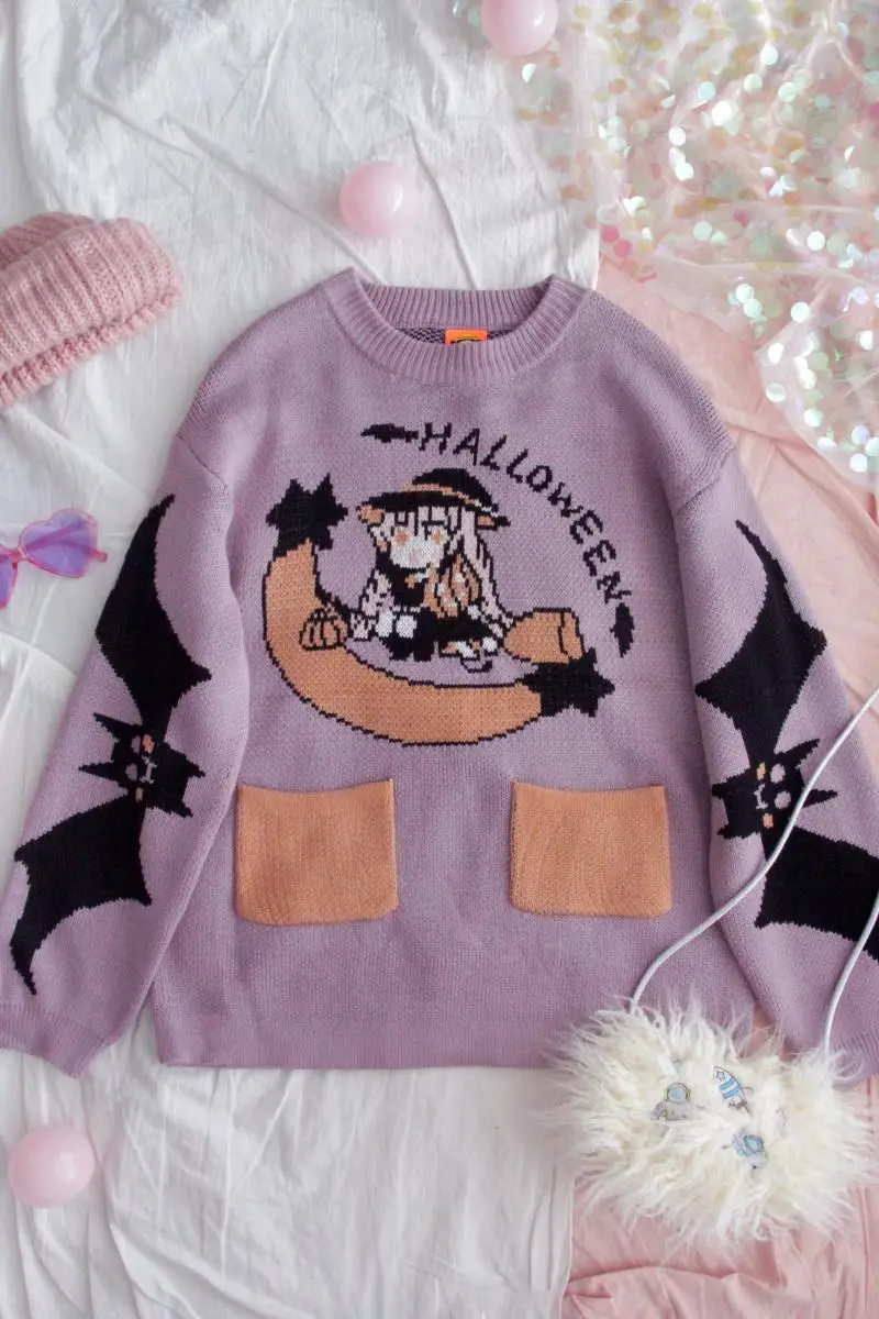 Осень свитер для девочек-подростков Утепленные зимние свободные студент Harajuku Хэллоуин мягкой сестра лоли: сиреневый свитер Топ в стиле "преппи"
