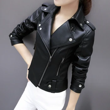 

Women New Pu Leather Black Small Moto Bike Streetwear Jacket Short Motorcycle Casual Ladies Slim Faux Leather Jacket Clothing