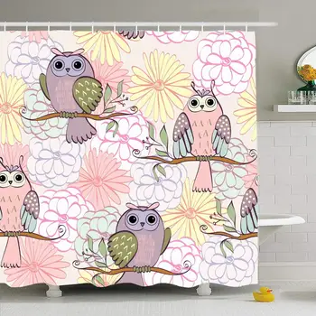 

Shower Curtain Set with Hooks 66x72 Pattern Childish Owl Flowers Print Animals Kid Backdrop with Hand Design Wildlife Nature