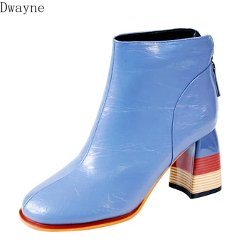 

Temperament wild blue thick with high heels female 2019 new fashion color matching zipper short boots Martin boots