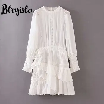 

Blvyisla Solid White Lolita Stand Collar Cutout Embroidery Ruffle Lantern Sleeve Mini Dress Female Elegant Slim Lace Dresses