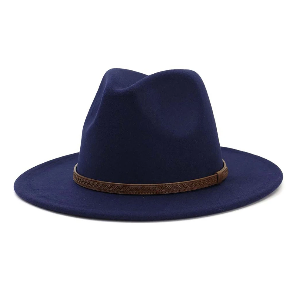 Мужская и женская фетровая шляпа с поясом с широкими полями Панама шляпа уличная дорожная шляпа Поп шляпа - Цвет: Dark Blue