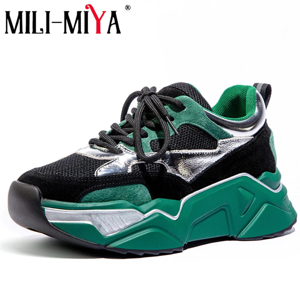 

MILI-MIYA New Fashion Spring Autumn Breathable Casual Sneakers Cow Leather Mesh Basic Women Flats Comfortable Shoes Plus Size 40