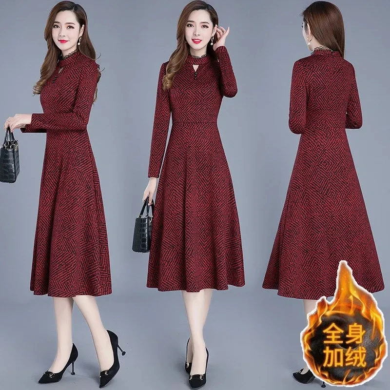 Fall Winter Plus Velvet Thick Vintage Striped Print A-line