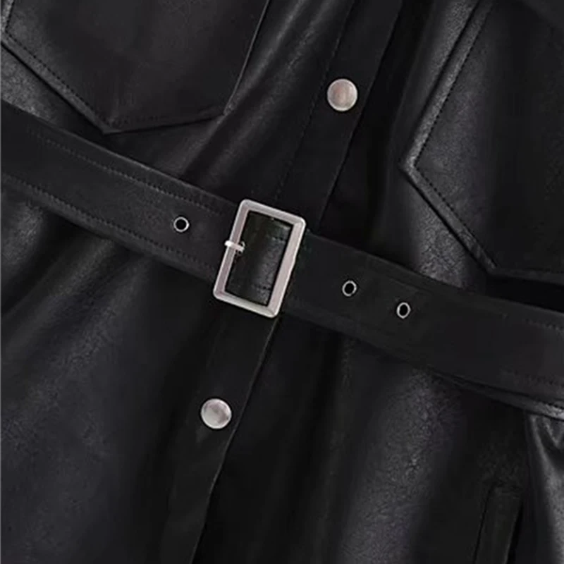 COLROVIE Черная куртка из искусственной кожи на пуговицах с передним клапаном и карманами с поясом для женщин, осень, уличная одежда, куртки, одноцветные повседневные пальто и верхняя одежда