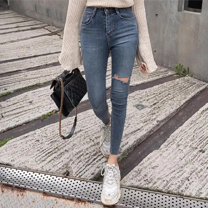 Женские джинсы с дырками на коленях эластичные хлопковые синие брюки из хлопка