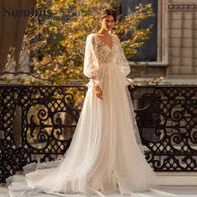 SoDigne Wedding Dresses Puff Sleeve Appliques Lace 3D Flowers V Neck Tulle Boho Bride Gown 2021 vestidos de novia
