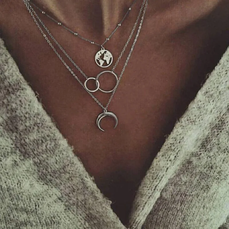 

Fashion Boho Retro Silver Gold Moon Map Circle Pendant Multilayer Necklace Party Charm Jewelry Christmas Gifts For Women