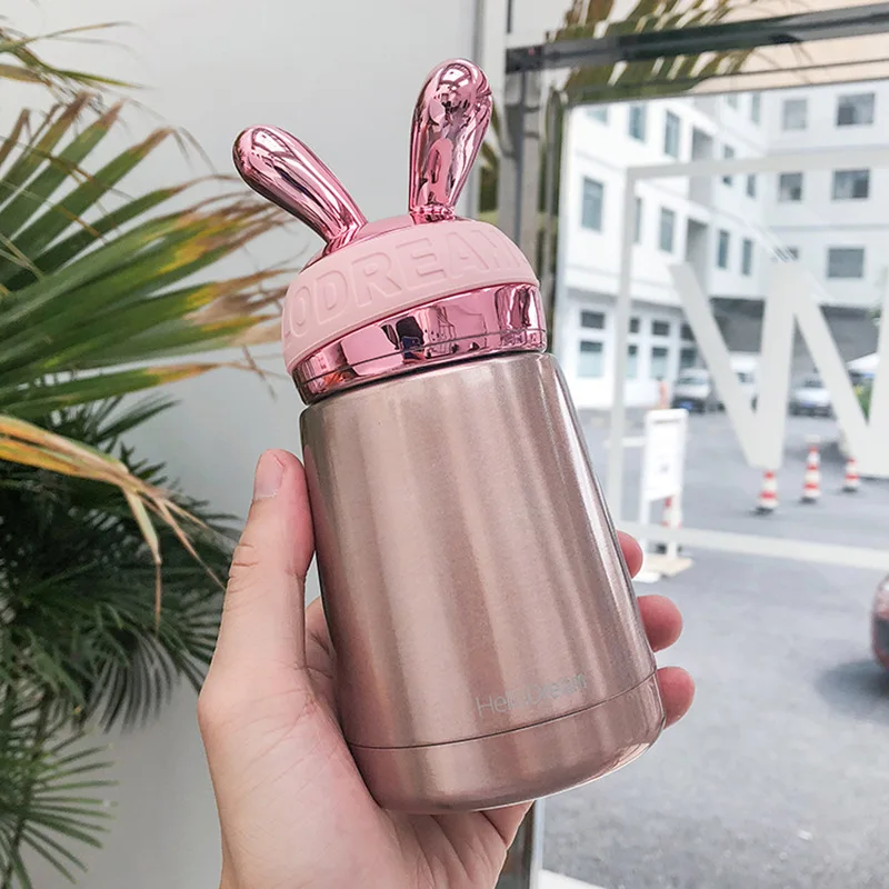 Rose gold Креативные портативные термосы в Корейском стиле 304, чашки из нержавеющей стали для воды 300 мл, цветные маленькие термосы для воды с кроличьей крышкой - Color: Rose gold