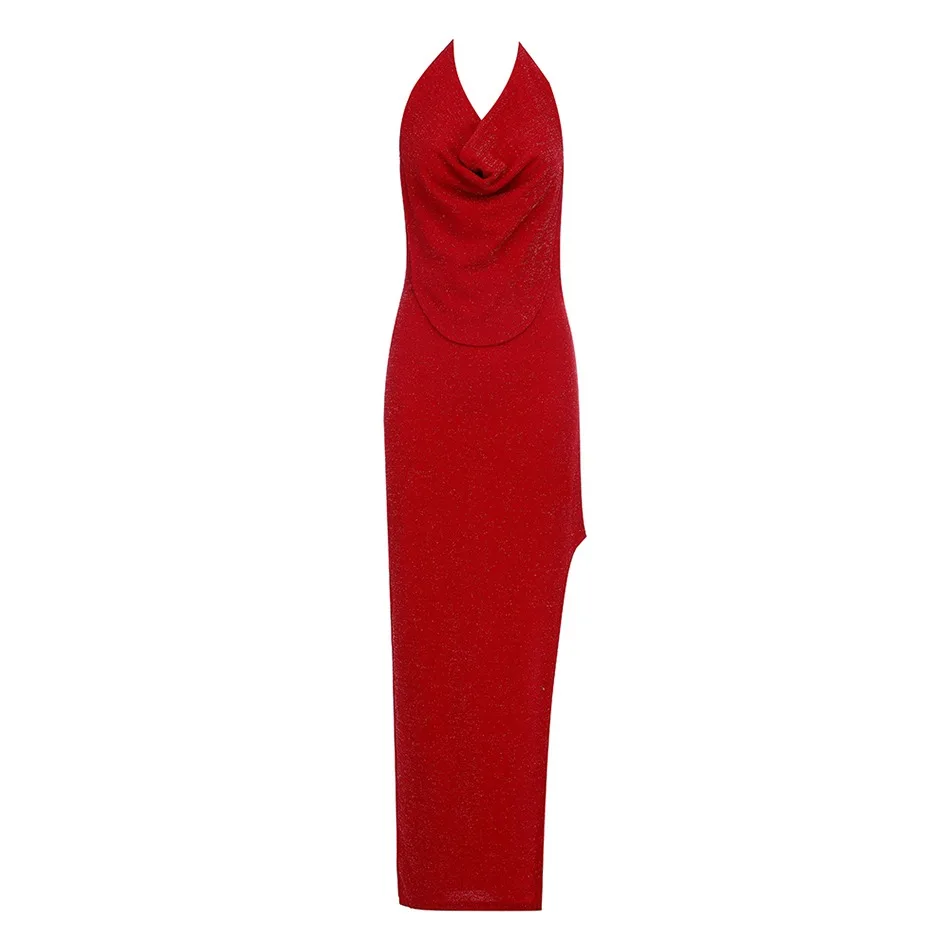 

Seamyla Red Halter Maxi Bandage Dress High Slit Elegant Women Sleeveless Long Dresses Celebrity Runway Club Party 2019 Vestidos