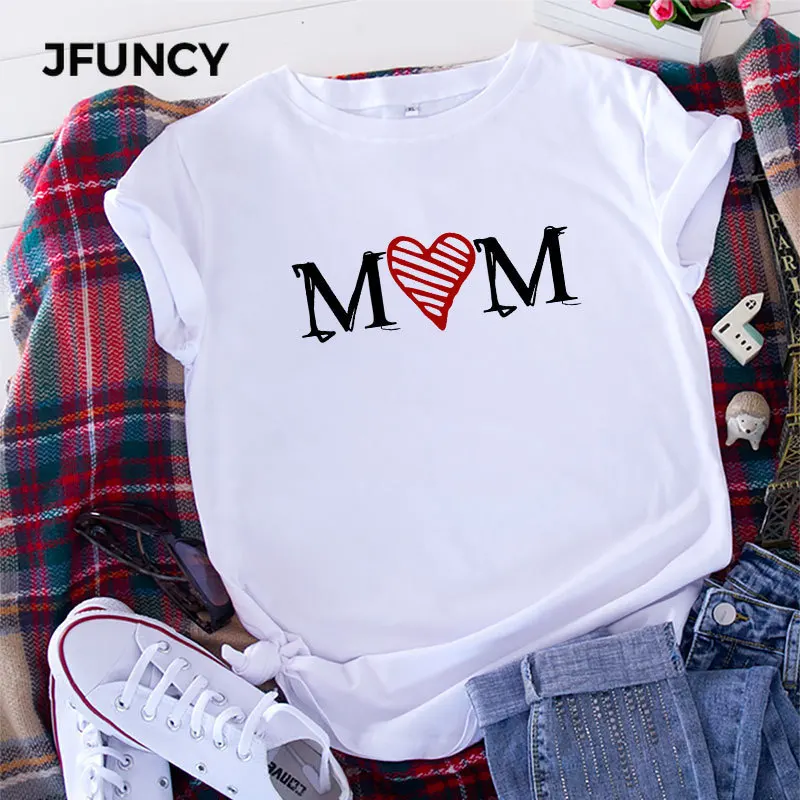 

JFUNCY Oversize Women Cotton T Shirt Spring Summer Short Sleeve T-Shirt Love Mom Mother's Day Casual Tshirt Plus Size Woman Tops