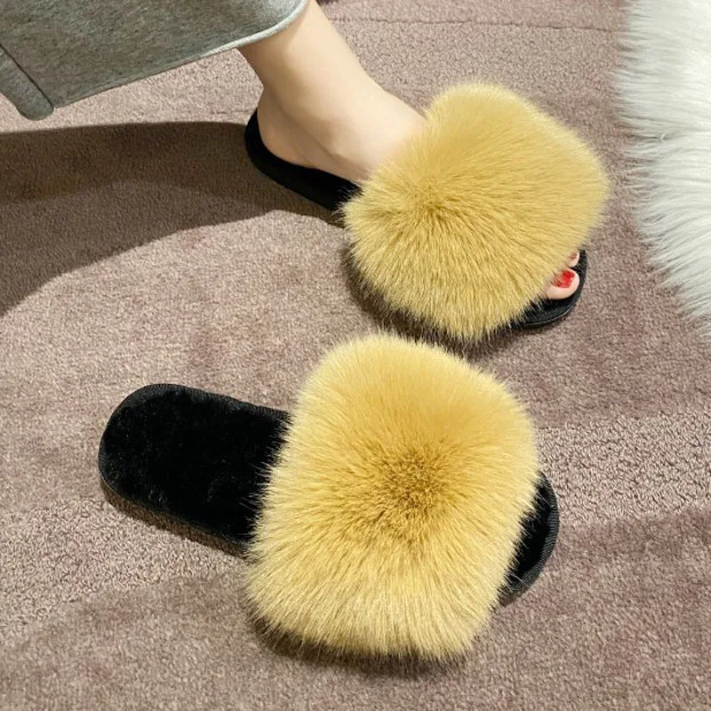 

Women autumn winter Casual Fur Slippers Flat Non-slip Solid Real Slides fluffy Slippers Ladies living at home Shoes