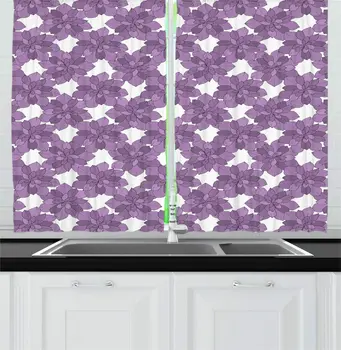 

Mauve White Floral Kitchen Curtains Monotone Botanical Flowers Blooming Petals Spring Buds Season Pastel Essence Motif Window