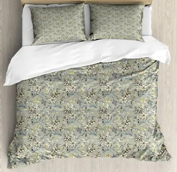 

Daffodil Duvet Cover Set Vintage Repetition Blooming Flowers 3 Piece Bedding Set Sage Green Cream