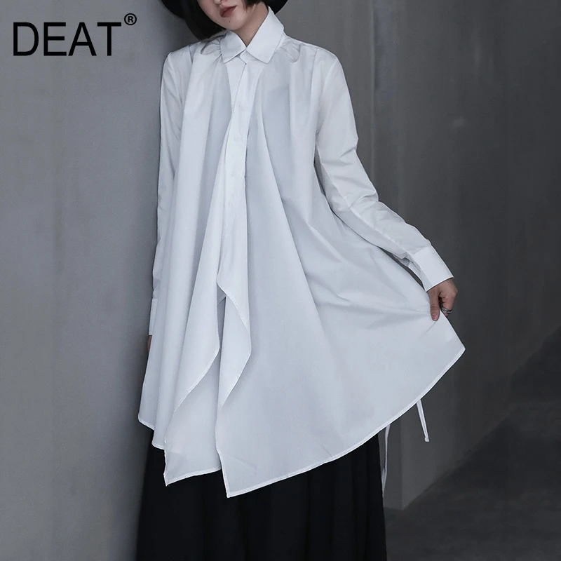 [DEAT] Женская плиссированная блузка с ленточным неровным разрезом, новая свободная рубашка с отворотом и длинным рукавом, модная весенняя Осенняя 13F111