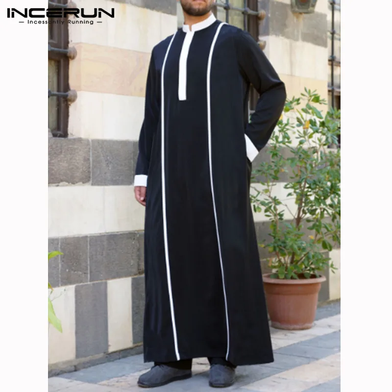 INCERUN мусульманский кафтан для мужчин, арабские одежды, длинный рукав, Лоскутная Мода, jubba tobe мусульманская одежда для Дубай, Саудовская