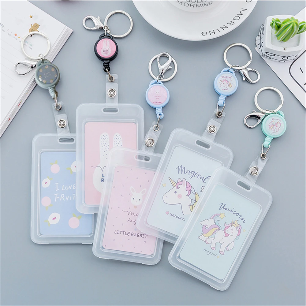

1Pcs Cute Transparent Plastic Cartoon Card Set Unicorn Card Set Key Chain Elastic Rope Bus Card Rice Card Holder