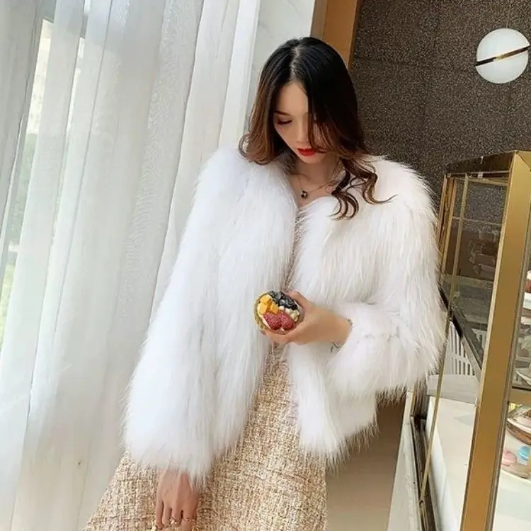 

White Fall Winter Artificial Fox Faux Fur Grass Lady Loose Coat Women Party Beauty Overcoat Plush Cloth Girl Luxury Top Jacket