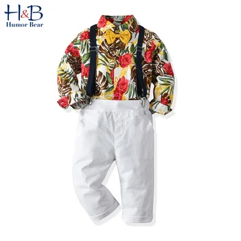 

Humor Bear Boys Clothes Sets Children's Spring & Autumn Kids Gentleman Flowers Leaves Long Sleeve Shirt +Strap Trousers + Bow