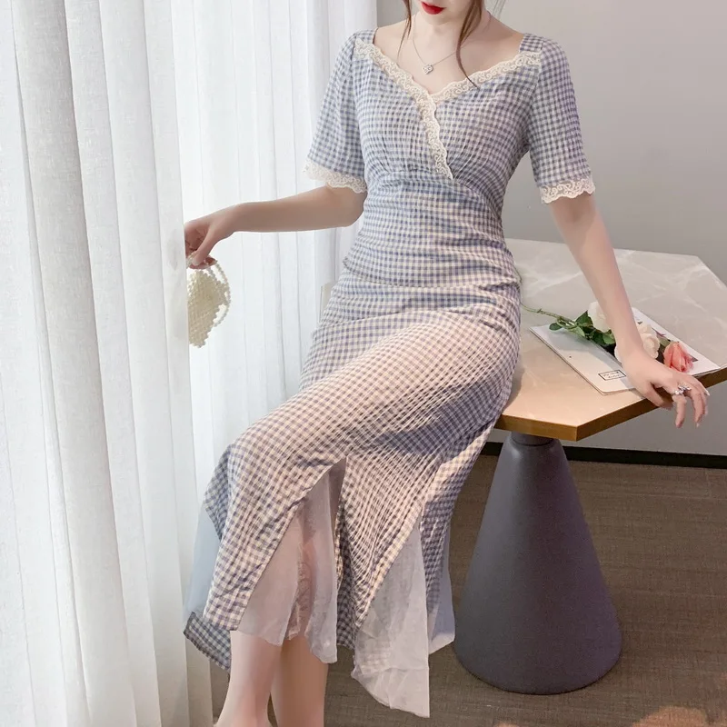 

Casual Lace Mesh Plaid V-neck Party Dress Summer Women 2021 Sexy Elegant Office Ladies Split Trumpet Long Dresses Vestidos