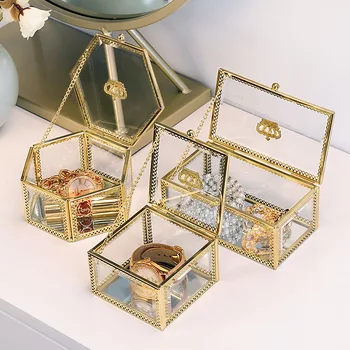 

New Clear Glass Jewelry Storage Box Ring Earring Case Jewelry Organizer Desktop Watch Collection Organizer Wedding Gift Box