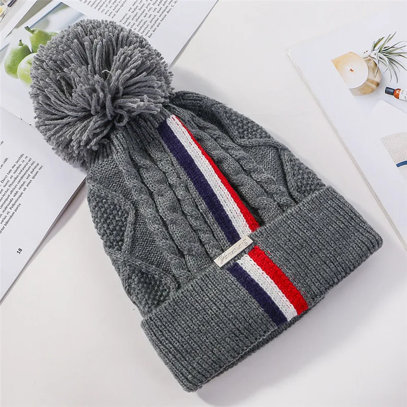 USPOP, модные зимние женские утолщенные теплые шапки Skullies, Лоскутные Полосатые Вязаные шапки, женские шапки с помпоном