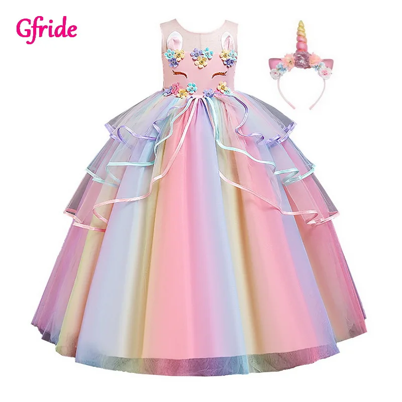 

Big Girl Unicorn Costumes Withe Flowers Headband For Kids Unicorn Long Dress Wings Princess Wedding Theme Party Dresses 3-12 Yr