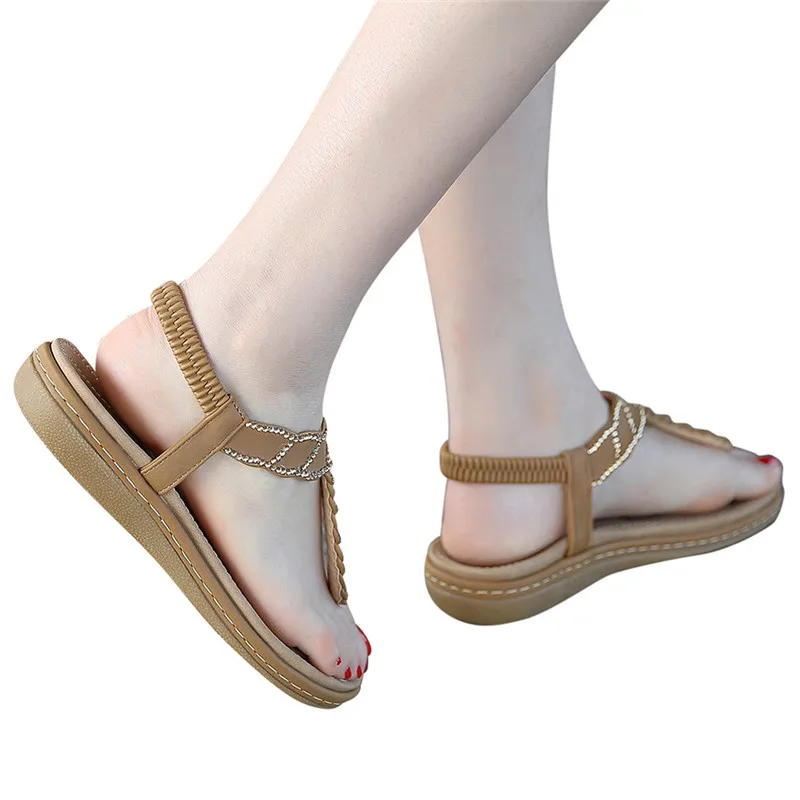 HOVINGE/Модные женские сандалии с ремешками; римские сандалии с Т-образным открытым носком и стразами на плоской подошве; летние шлепанцы; обувь