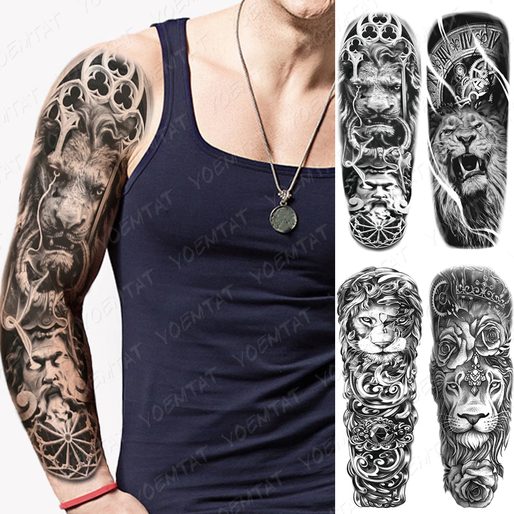 Waterproof Temporary Full Arm Tattoo Stickers Lion Clock Rose Flash Tattoos  Male Thigh Ink Body Art Big Fake Sleeve Tatto Women - Temporary Tattoos -  AliExpress