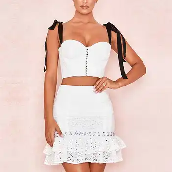 

Seamyla Women White Hollow Out 2 Piece Sets Spaghetti Strap Lace Top&Skirt Mermaid Sexy Sleeveless Bodycon 2020 Party Vestidos