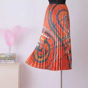 

Women Pleated Skirt Classic Retro Printed Half-length A- line Skirt Urban Outfitters Street Style Long Skirts