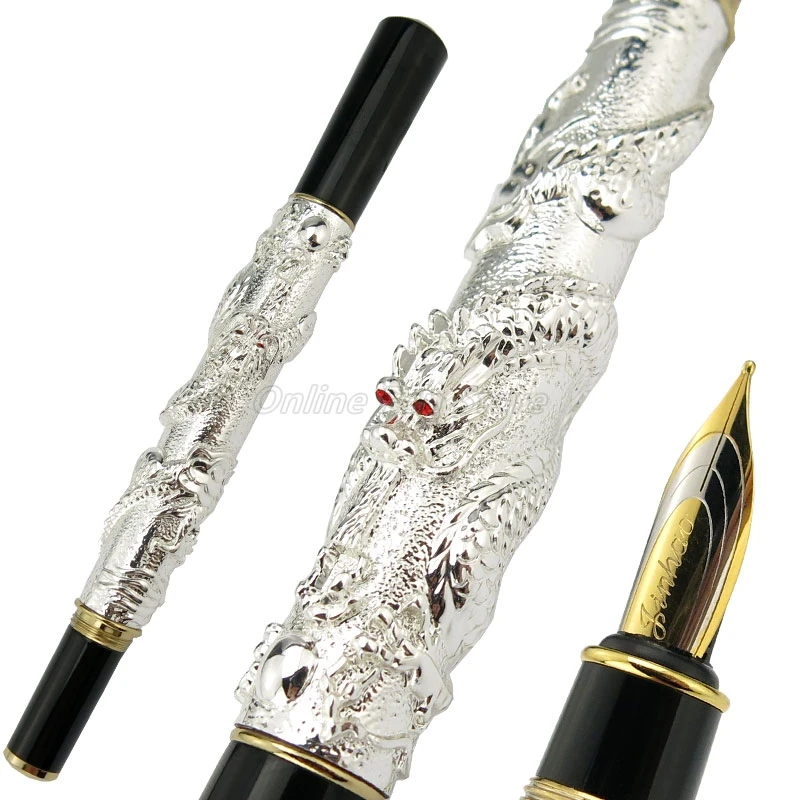 Jinhao Metal Brilliant Silver Oriental Dragon Carving Embossing Medium Nib Heavy Fountain Pen Office School Gift Pen